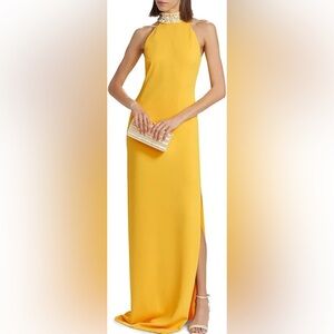Badgley Mischka Yellow Halter column gown